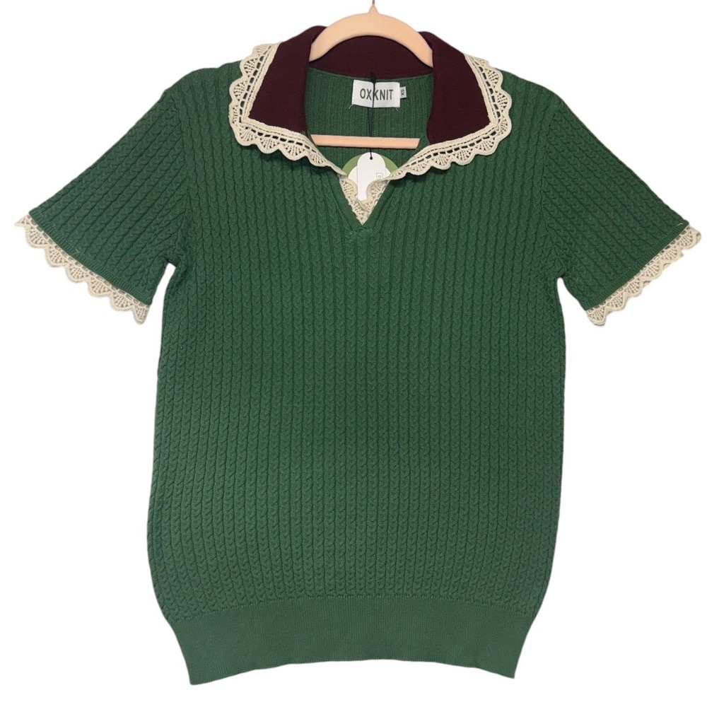 OXKNIT Womens Green Cable Knit Polo Shirt Lace Trim Short Sleeve Size XS NEW